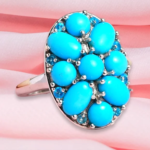 NWT AMERICAN SLEEPING BEAUTY TURQUOISE & NEON APATITE PLATINUM PLATED .925 RING